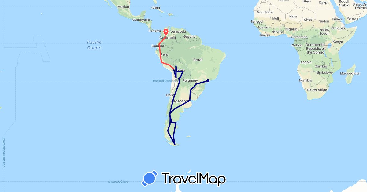 TravelMap itinerary: driving, hiking in Argentina, Bolivia, Brazil, Chile, Colombia, Ecuador, Peru (South America)